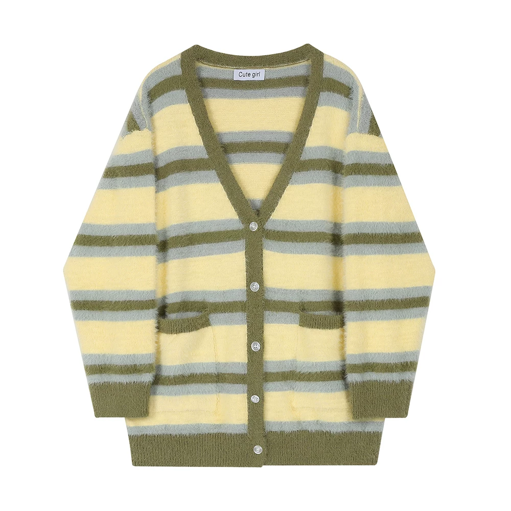 Áo len sọc mohair dáng rộng CuteGirl dành cho nữ mùa xuân thu 2024 kiểu mới phong cách preppy áo cardigan dệt kim