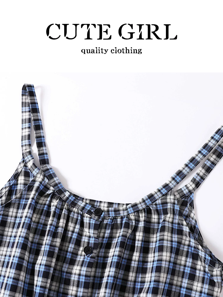 CuteGirl Hàn Quốc retro kẻ sọc dây rút váy hai dây nữ mùa hè xếp lớp áo vest hai dây bộ hai món
