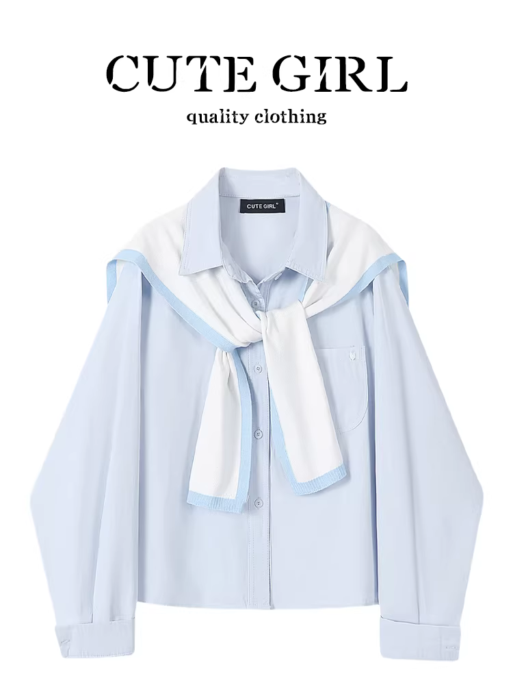 Bộ đồ hai mảnh kiểu preppy màu sắc tương phản của CuteGirl áo sơ mi màu xanh lam dành cho nữ Bộ đồ hai mảnh thời trang và trẻ hóa tuổi tác đầu xuân