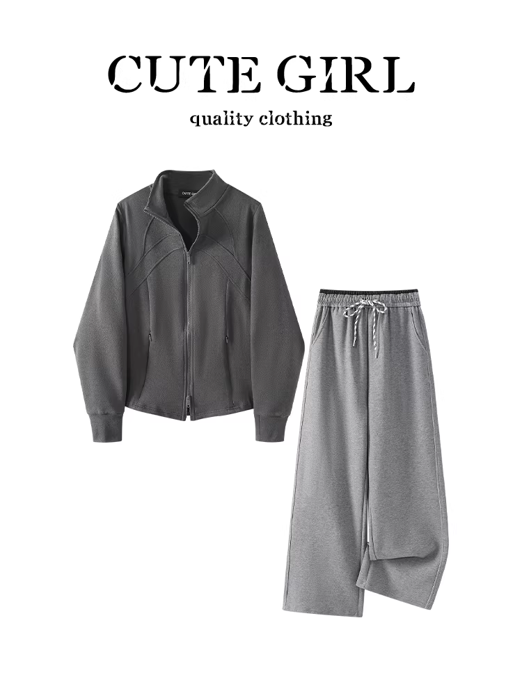 Bộ trang phục hoàn chỉnh phong cách CuteGirl dành cho nữ, áo len cổ đứng màu xám mùa thu có quần dài lưng thun, bộ hai mảnh