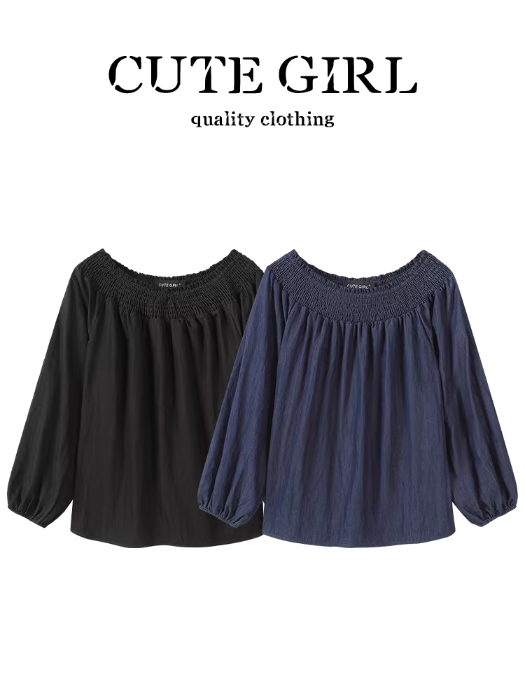 Áo sơ mi lệch vai xếp ly màu xanh denim phong cách Hàn Quốc dành cho nữ, áo kiểu đơn giản và thanh lịch độc đáo cho mùa thu.