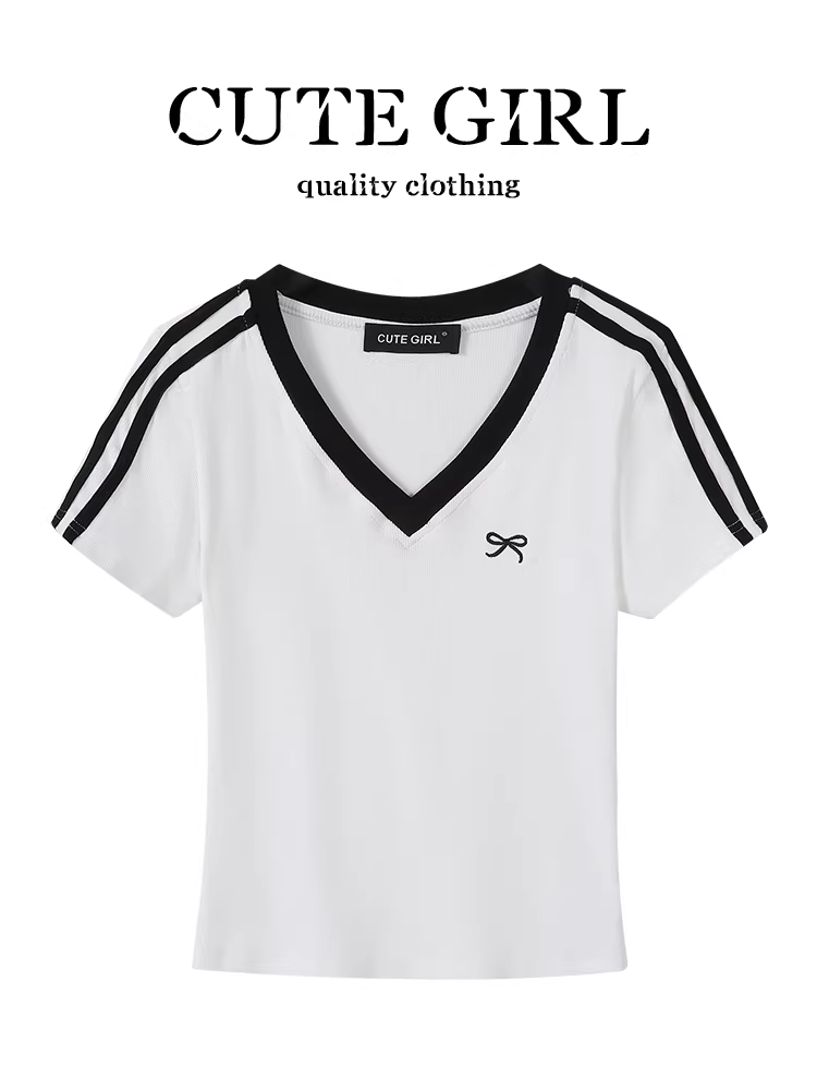 CuteGirl kiểu Mỹ cổ điển sọc tương phản cổ chữ V ngắn tay áo thun nữ mùa hè ngắn gợi cảm thêu nơ hàng đầu