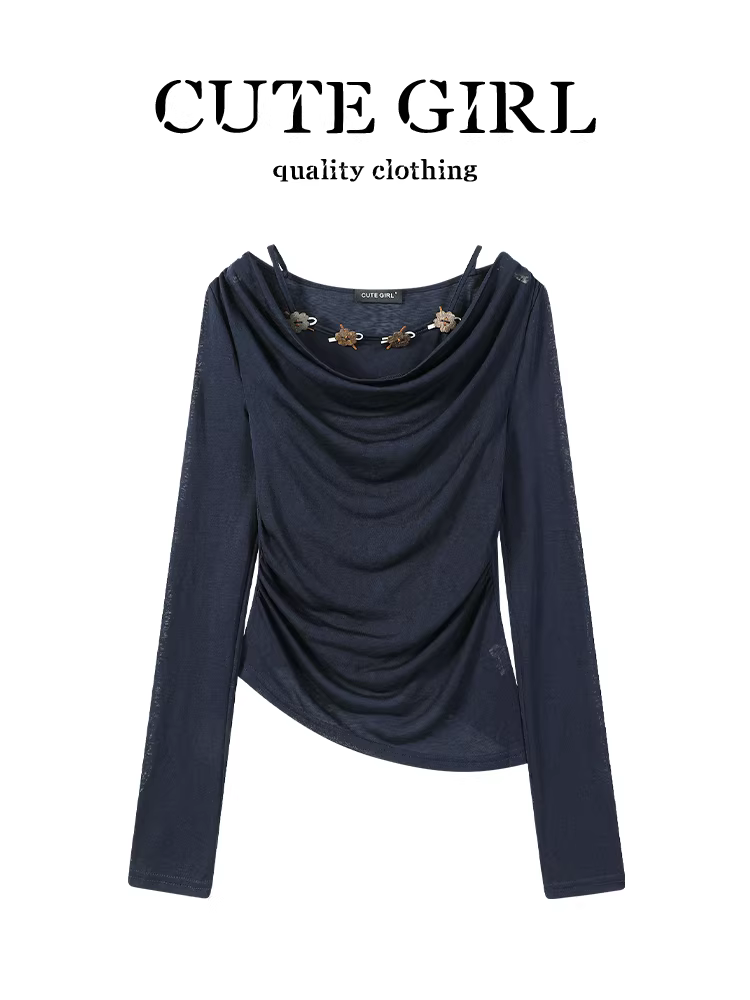 Áo thun dài tay đính cườm phong cách Hàn Quốc dành cho nữ, thiết kế mùa thu, dáng ôm, áo đa năng và độc đáo