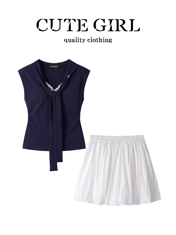 CuteGirl phong cách Hàn Quốc bộ đồ nhỏ xinh đẹp dành cho nữ mùa hè phối ren áo thun ôm vừa vặn váy nụ hoa trắng bộ hai món