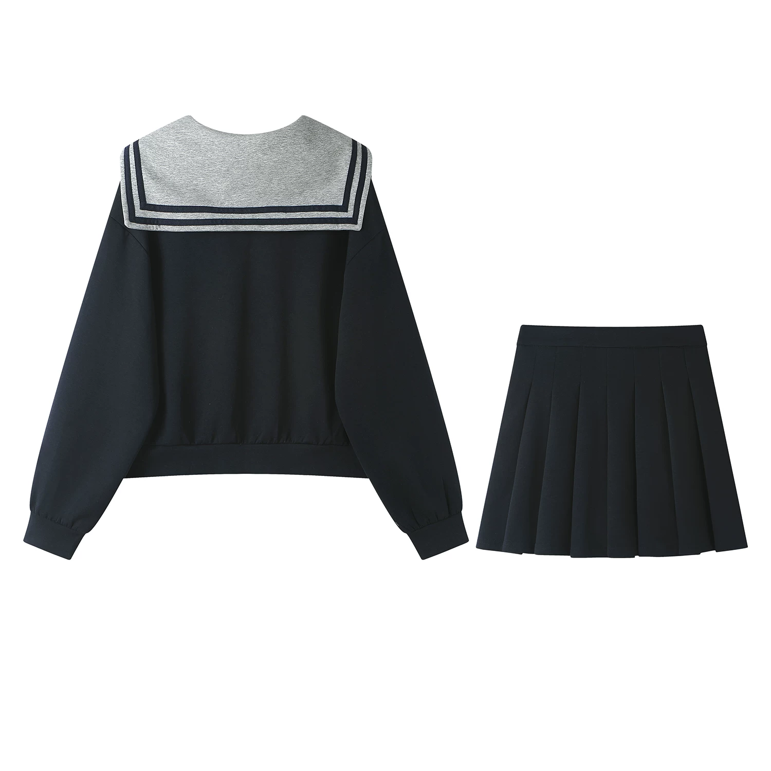CuteGirl phong cách preppy sọc tương phản cổ áo thủy thủ áo nỉ dáng rộng mùa xuân của phụ nữ váy xếp ly ngắn hai mảnh