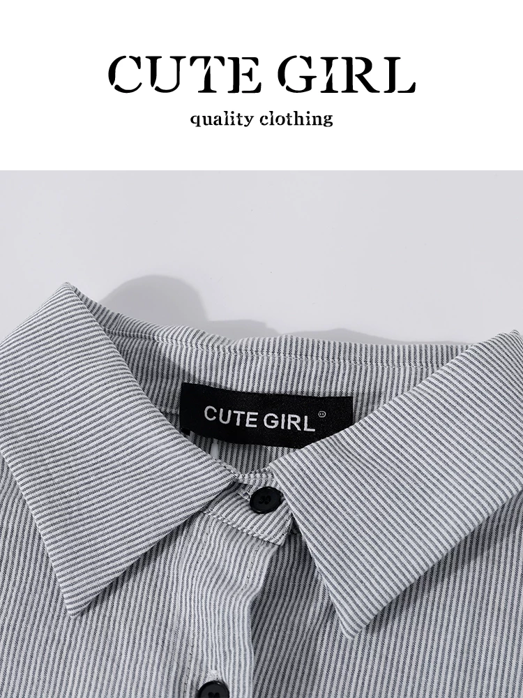 Áo sơ mi sọc thêu chữ phong cách Hàn Quốc CuteGirl dành cho nữ, áo sơ mi xếp lớp thiết kế mùa thu