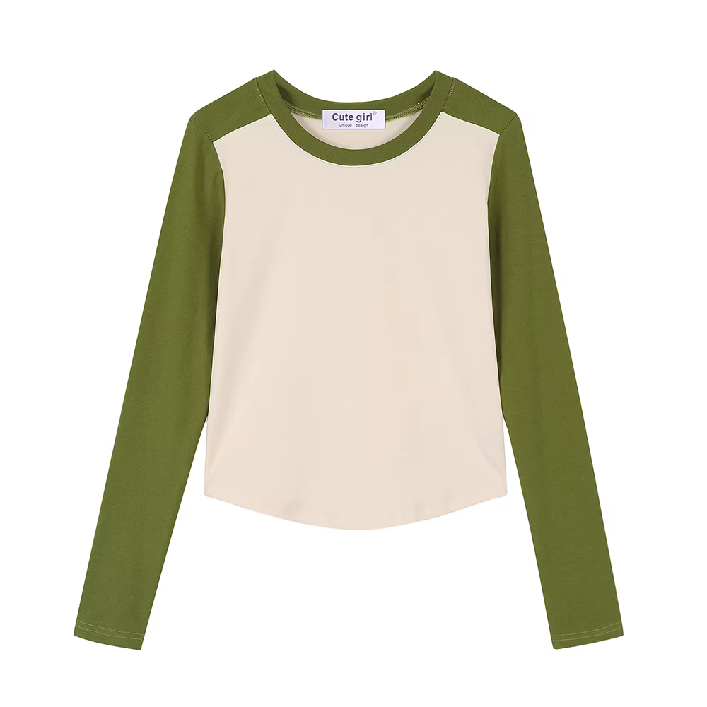 Áo thun nữ dáng ôm CuteGirl có lớp lót bên trong, kiểu dáng mới thu đông 2025, phong cách Mỹ, tay dài phối màu