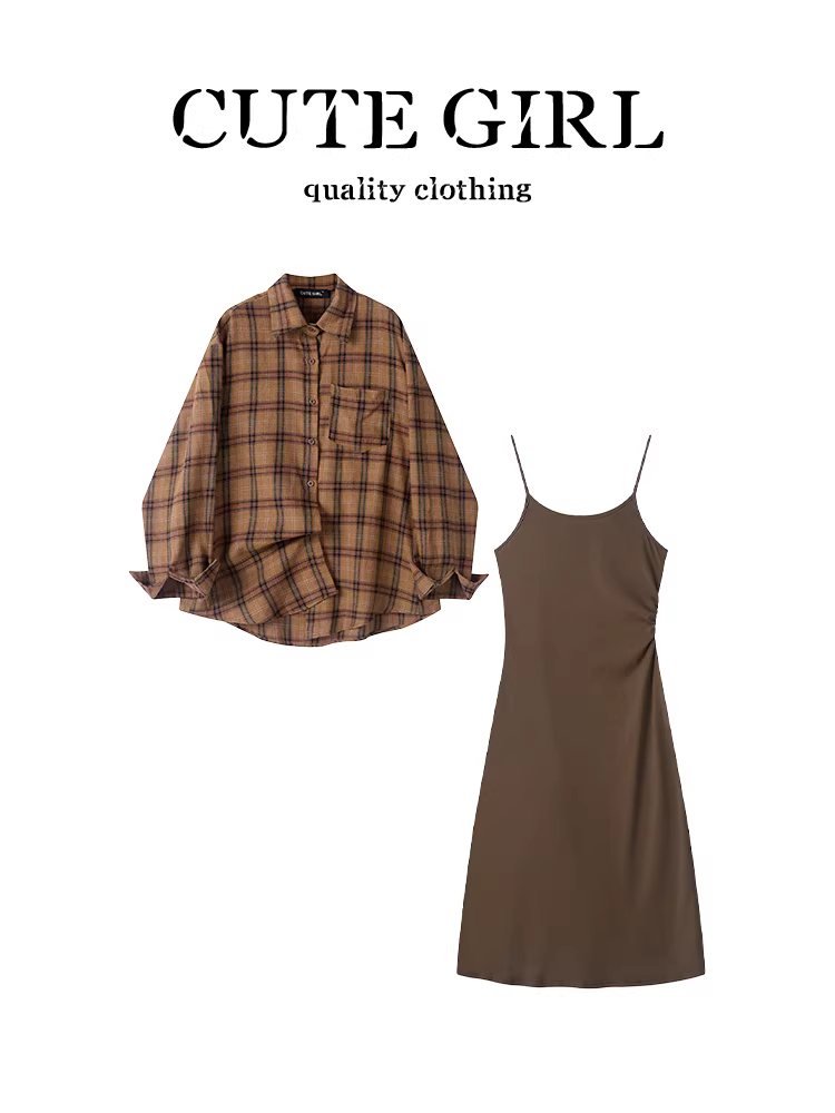 Bộ trang phục hoàn chỉnh phong cách CuteGirl dành cho nữ, áo sơ mi cổ polo kẻ sọc cổ điển mùa thu và váy hai dây