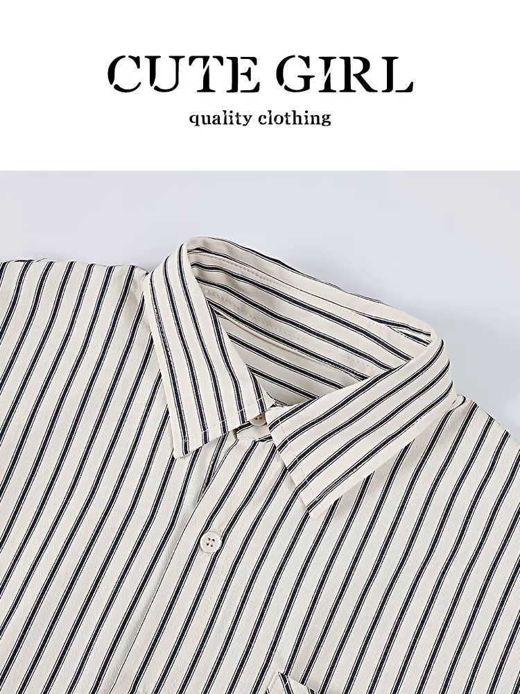 Áo sơ mi sọc cổ polo phong cách CuteGirl có khăn choàng cho nữ, áo sơ mi dáng rộng thanh lịch mùa thu, đa năng