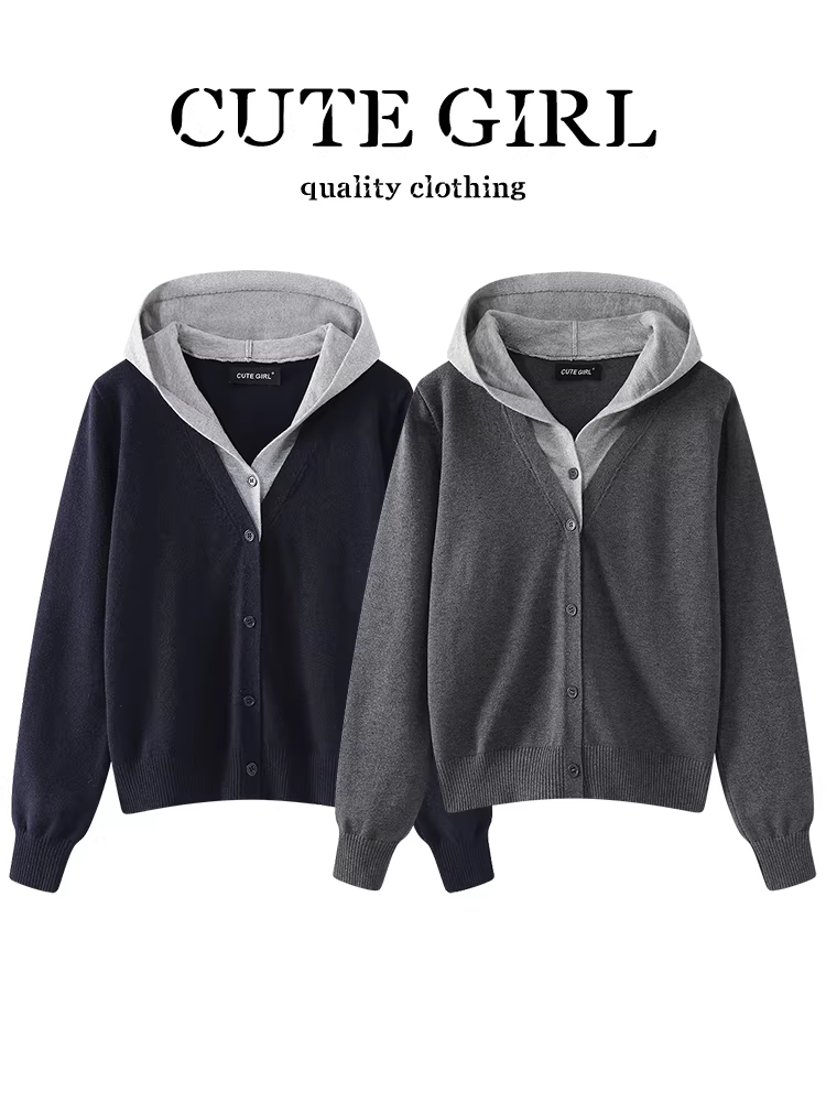 Áo len dệt kim có mũ trùm đầu hai mảnh kiểu dáng nhỏ nhắn dễ thương dành cho nữ, mùa thu đông, kiểu dáng thời trang, dáng rộng, đa năng, áo giảm tuổi tác