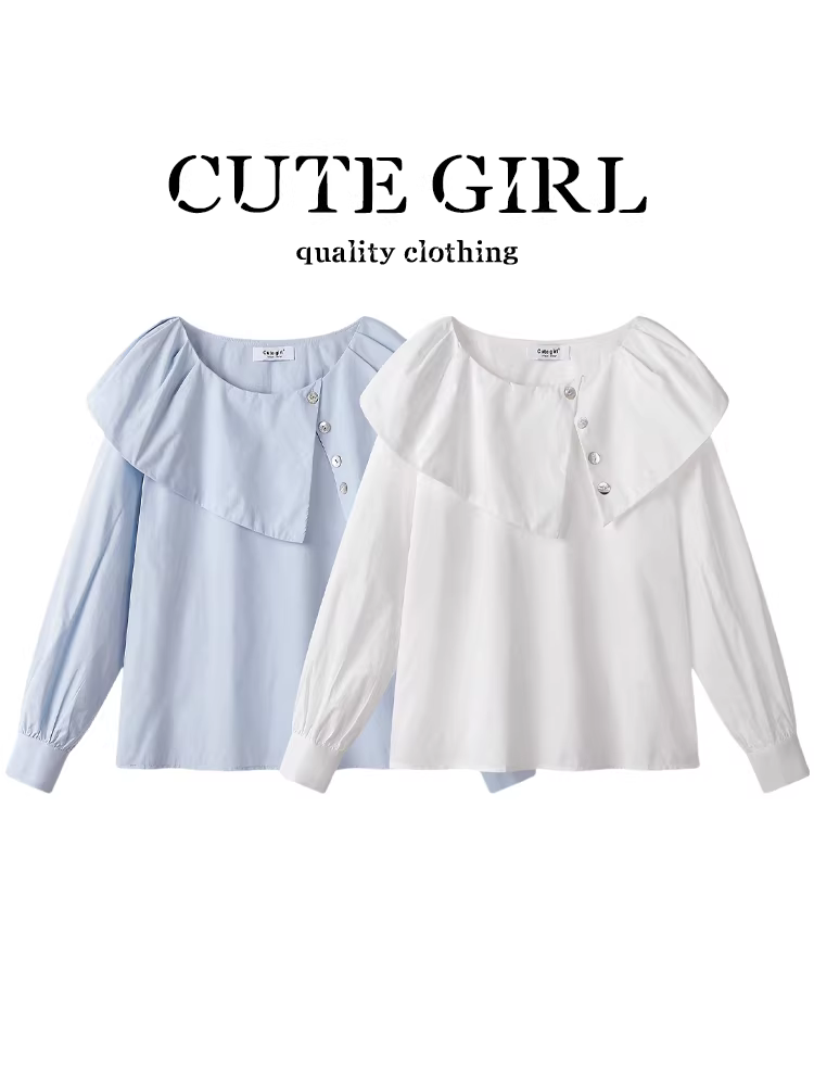 Áo sơ mi cổ búp bê xù lông phong cách Hàn Quốc dễ thương và trẻ trung dành cho nữ, áo sơ mi cổ tròn cài khuy chéo sang trọng mùa xuân