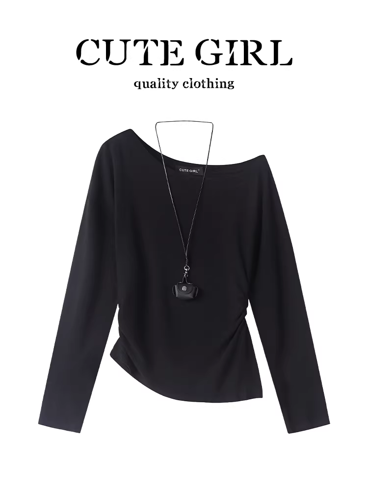 Áo thun dài tay lệch vai kiểu Hàn Quốc màu đen kiểu dáng Hàn Quốc dành cho nữ, thiết kế mùa thu, dáng rộng, tôn dáng, áo đa năng