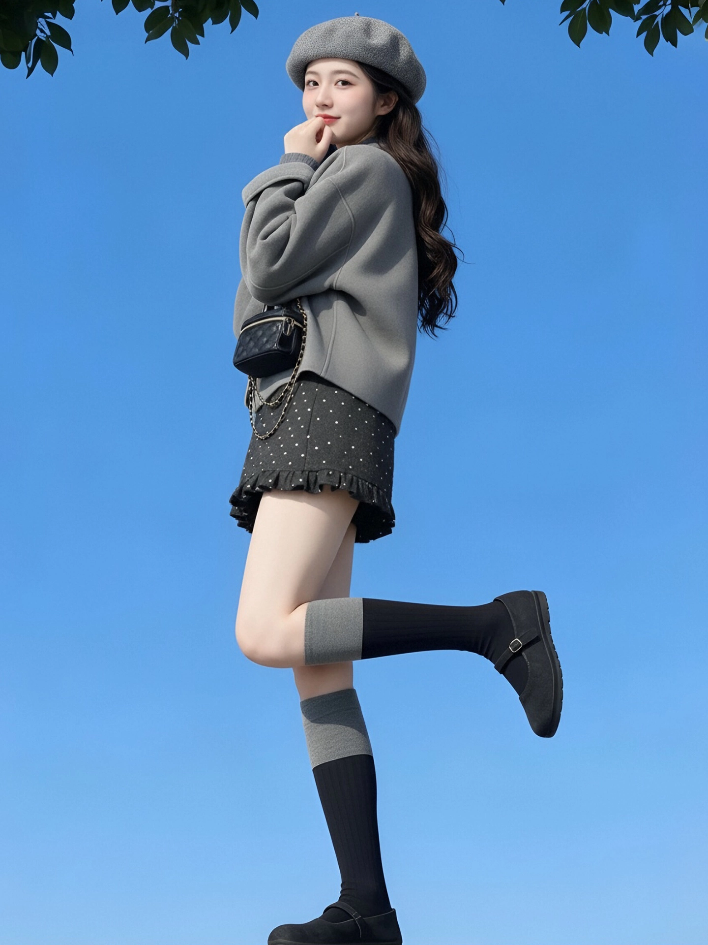 Váy chữ A chấm bi xếp nếp màu xám lấy cảm hứng từ thiết kế của CuteGirl dành cho nữ, váy ngắn ôm hông lưng cao đầu xuân.
