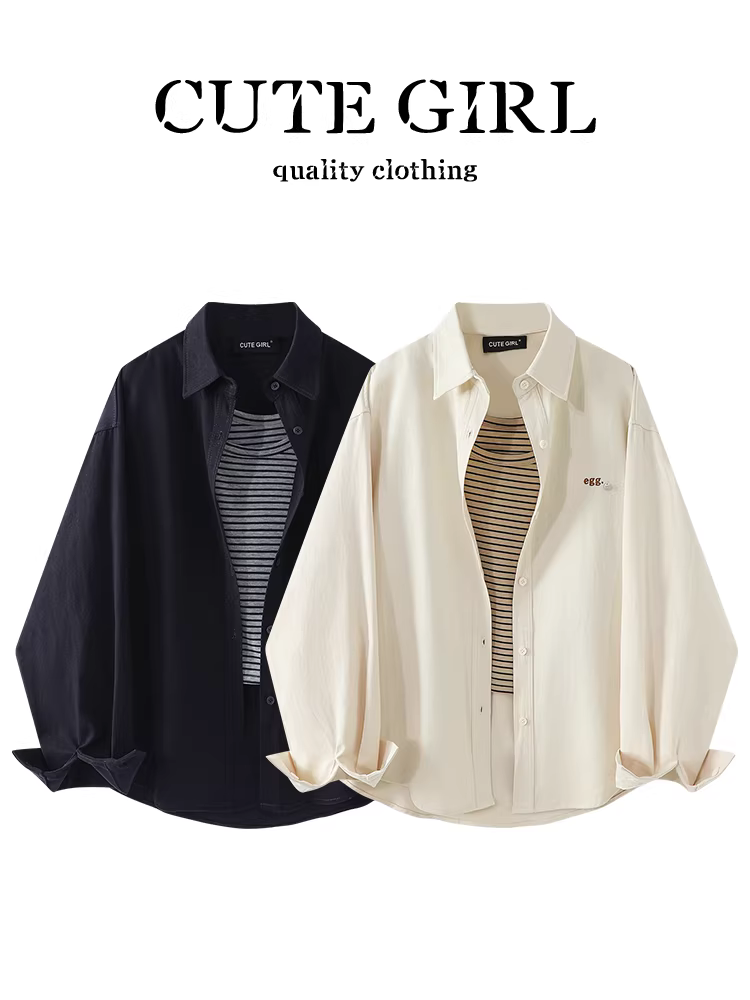 Bộ áo sơ mi cổ polo màu mơ cổ điển CuteGirl dành cho nữ, phong cách mùa thu, áo rộng rãi và đa năng