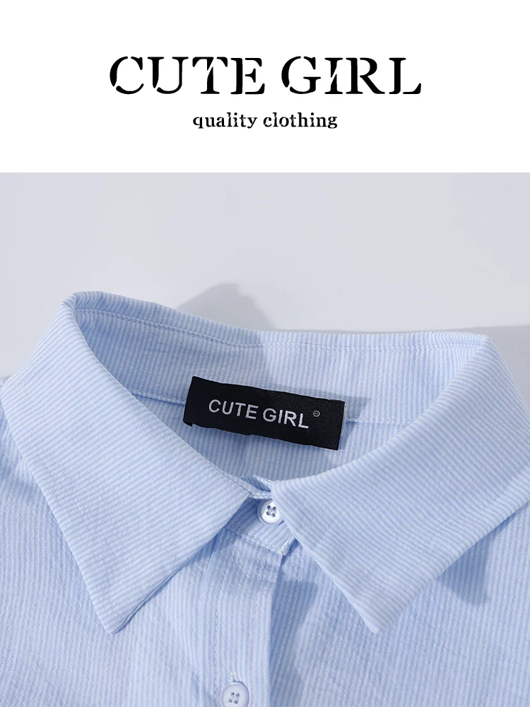 Áo sơ mi khăn choàng thêu chữ sọc xanh phong cách Hàn Quốc CuteGirl dành cho nữ, áo sơ mi dài tay giảm tuổi mùa thu ngọt ngào