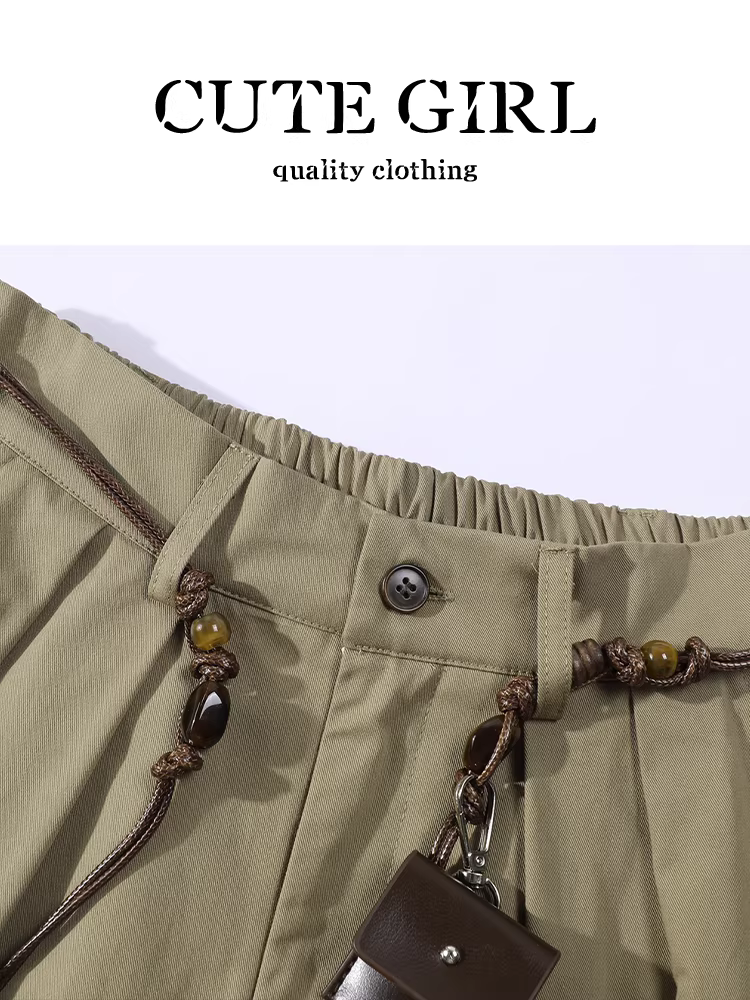 Váy eo co giãn màu kaki cổ điển của CuteGirl dành cho nữ, váy xếp ly đa năng eo cao thanh lịch mùa thu