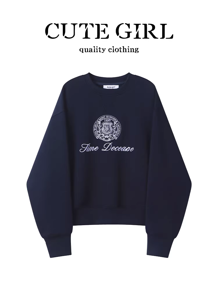 Áo len cổ tròn in họa tiết cổ điển của CuteGirl dành cho nữ trong mùa thu đông, áo dáng rộng, giản dị, đa năng và giảm tuổi tác