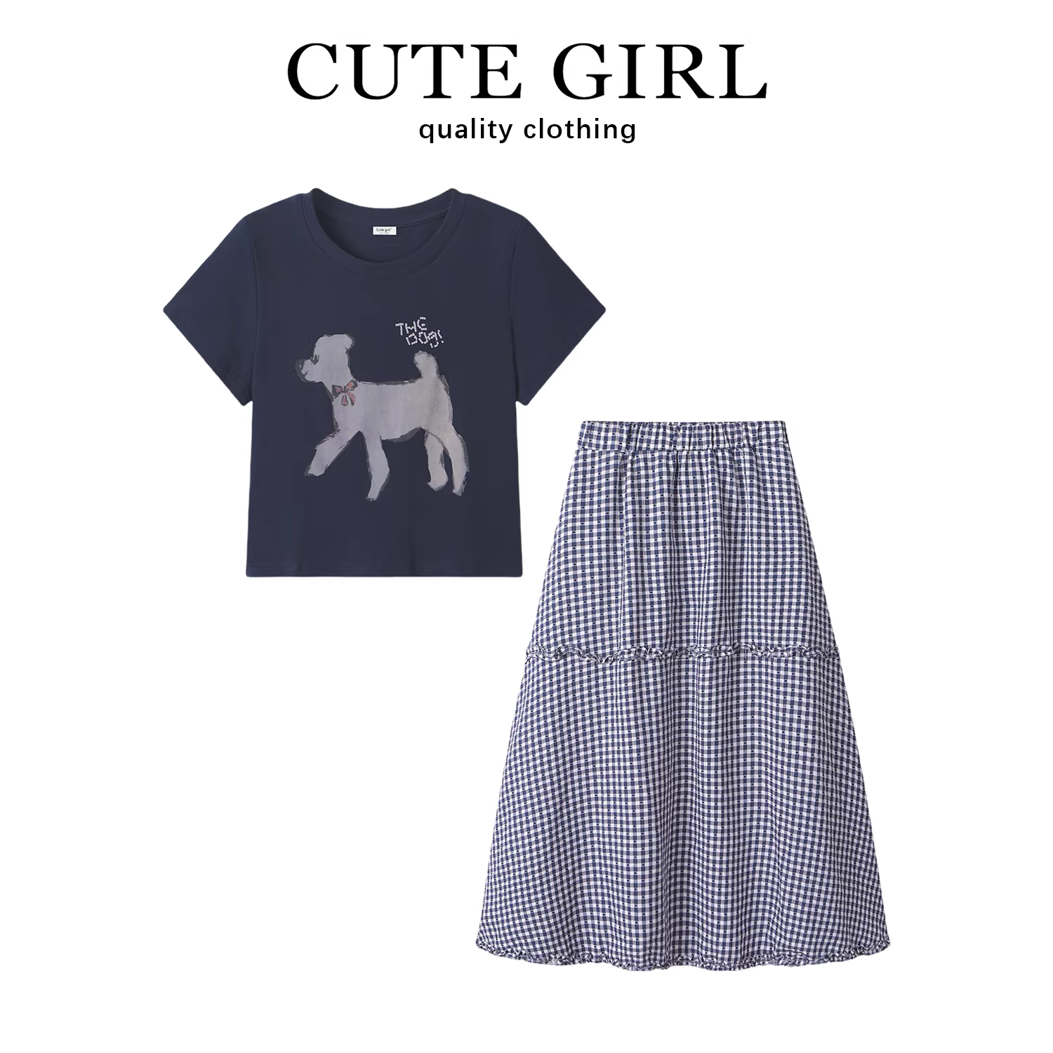 Bộ đồ hai mảnh kiểu Hàn Quốc dễ thương dành cho nữ, áo thun ngắn tay hình chú chó con mùa hè và bộ váy kẻ sọc giản dị