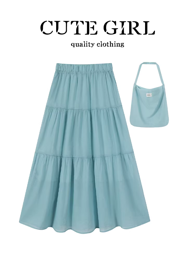 CuteGirl Váy xanh thanh lịch cao cấp phong cách Hàn Quốc dành cho nữ, váy xếp tầng chữ A dáng suôn eo cao mùa hè