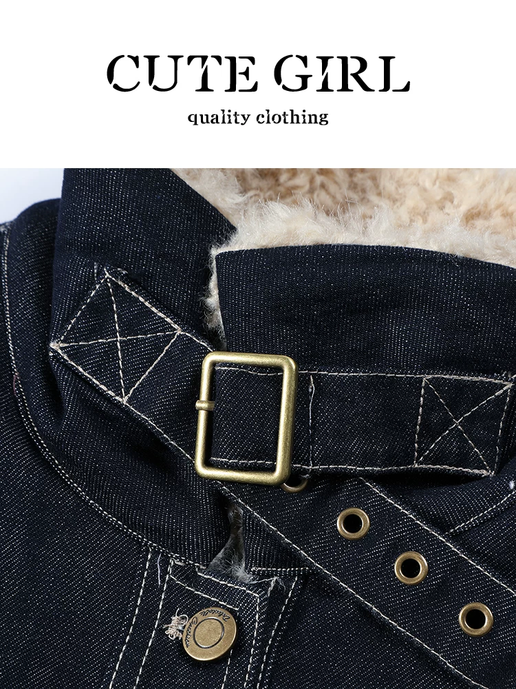 Áo khoác denim cổ lông cổ điển Hàn Quốc CuteGirl dành cho nữ, mùa thu đông, dáng nhỏ nhắn, dáng rộng, giản dị, áo khoác đa năng