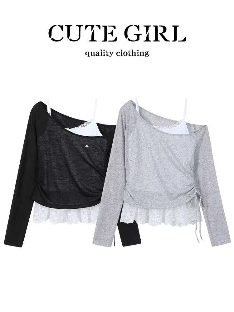 CuteGirl phong cách nhẹ nhàng và thuần khiết áo lót ren nữ mùa hè xếp lớp áo thun chống nắng dệt kim che nắng Bộ hai món
