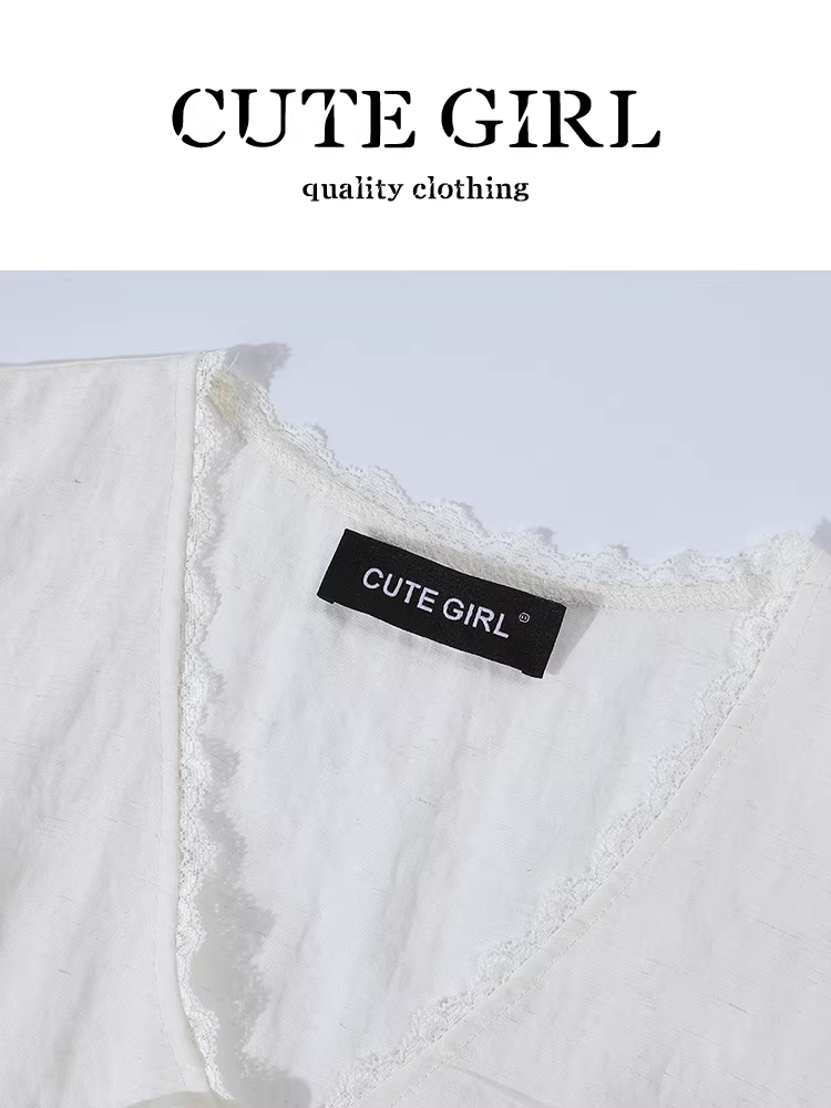 Áo sơ mi ngắn tay cổ chữ V ren phong cách Hàn Quốc dành cho nữ mùa hè, phong cách ngọt ngào, thon gọn eo và thanh lịch