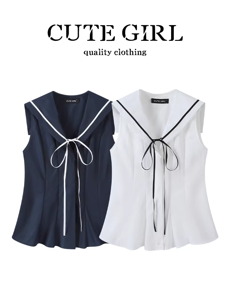 Áo sơ mi không tay màu trắng có cổ màu hải quân sang trọng dành cho nữ, áo thun giảm béo giảm tuổi tác tuyệt đẹp mùa hè