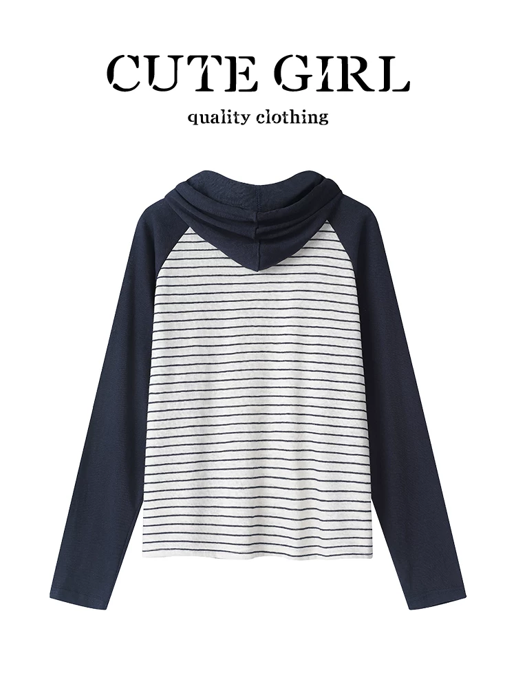 Áo thun dài tay có mũ trùm đầu màu sọc cổ điển kiểu Mỹ của CuteGirl dành cho nữ, áo tay raglan độc đáo và sang trọng cho mùa thu.