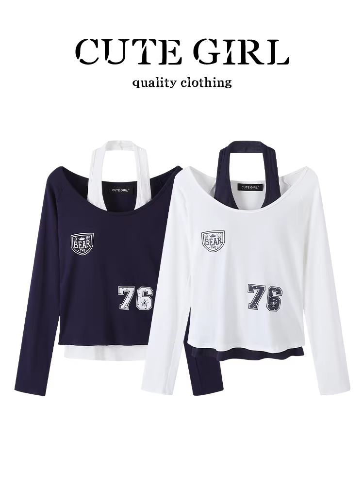 Áo thun dài tay in hình cổ điển kiểu Mỹ của CuteGirl áo thun dài tay màu trắng cổ điển dành cho nữ mùa thu bộ đồ đa năng vừa vặn