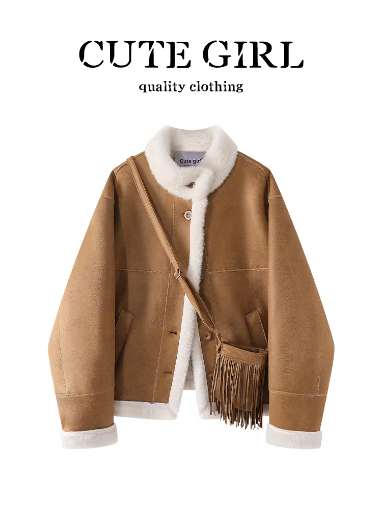 Áo khoác tích hợp lông da lộn màu cà phê phong cách CuteGirl Melard dành cho nữ, mùa thu đông, áo khoác dáng rộng thanh lịch, giản dị