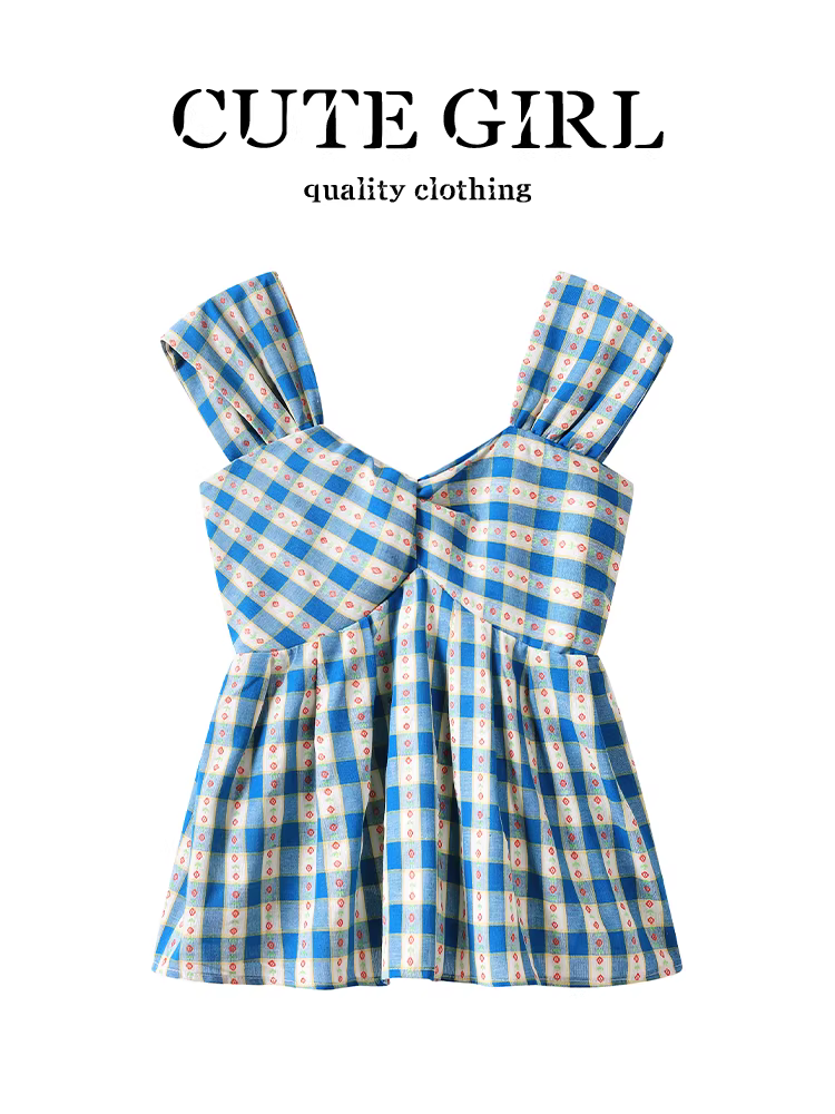 CuteGirl phong cách Hàn Quốc áo yếm kẻ sọc xanh tuyệt đẹp kiểu dáng kỳ nghỉ hè dành cho nữ áo không tay hở lưng