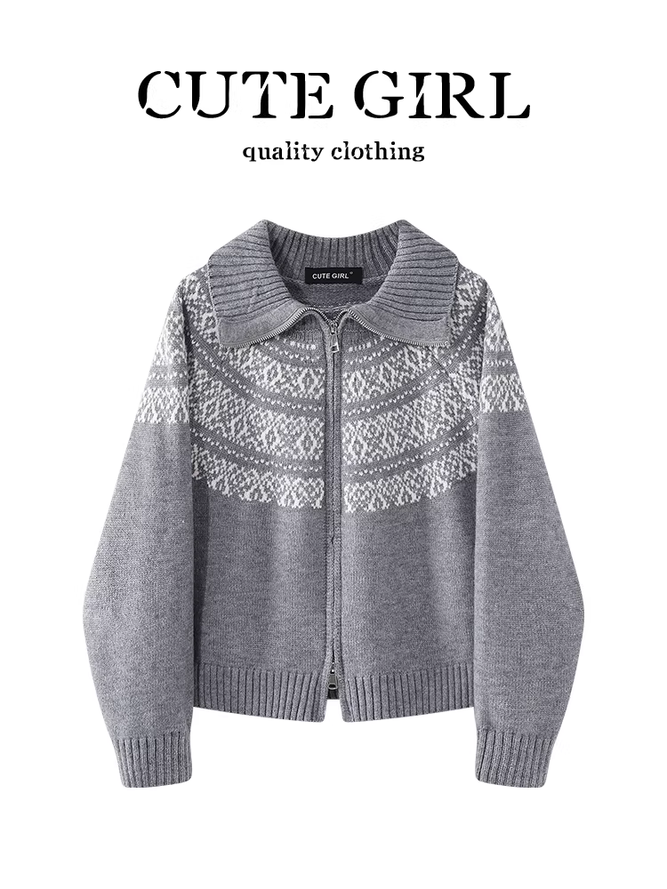Áo len cổ điển kiểu Fair Isle kiểu Hàn Quốc dành cho nữ, mùa đông, thanh lịch, dáng rộng, đa năng, áo len có khóa kéo hai đầu