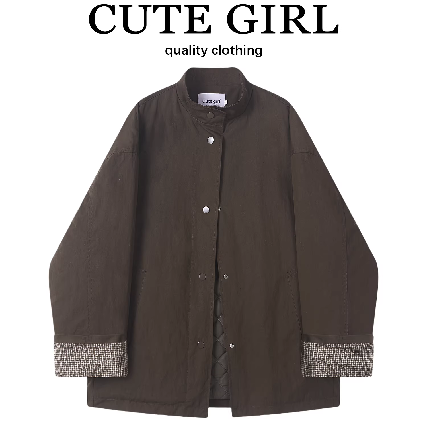 Áo khoác có cổ đứng màu cà phê cao cấp phong cách Hàn Quốc dành cho nữ, áo khoác dài vừa phải ấm áp thường ngày mùa đông