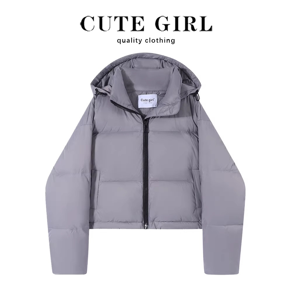 Áo khoác phao ngắn cổ đứng có mũ CuteGirl dành cho nữ mùa đông 2025, màu trắng, lông vũ vịt cao cấp, màu xám