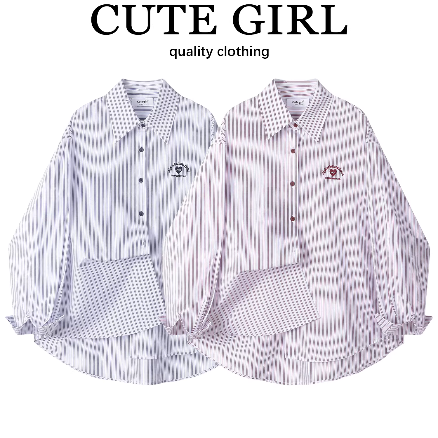 Áo sơ mi dài tay thêu chữ trái tim sọc đỏ lấy cảm hứng từ thiết kế CuteGirl dành cho nữ, áo sơ mi thường ngày đa năng đầu thu