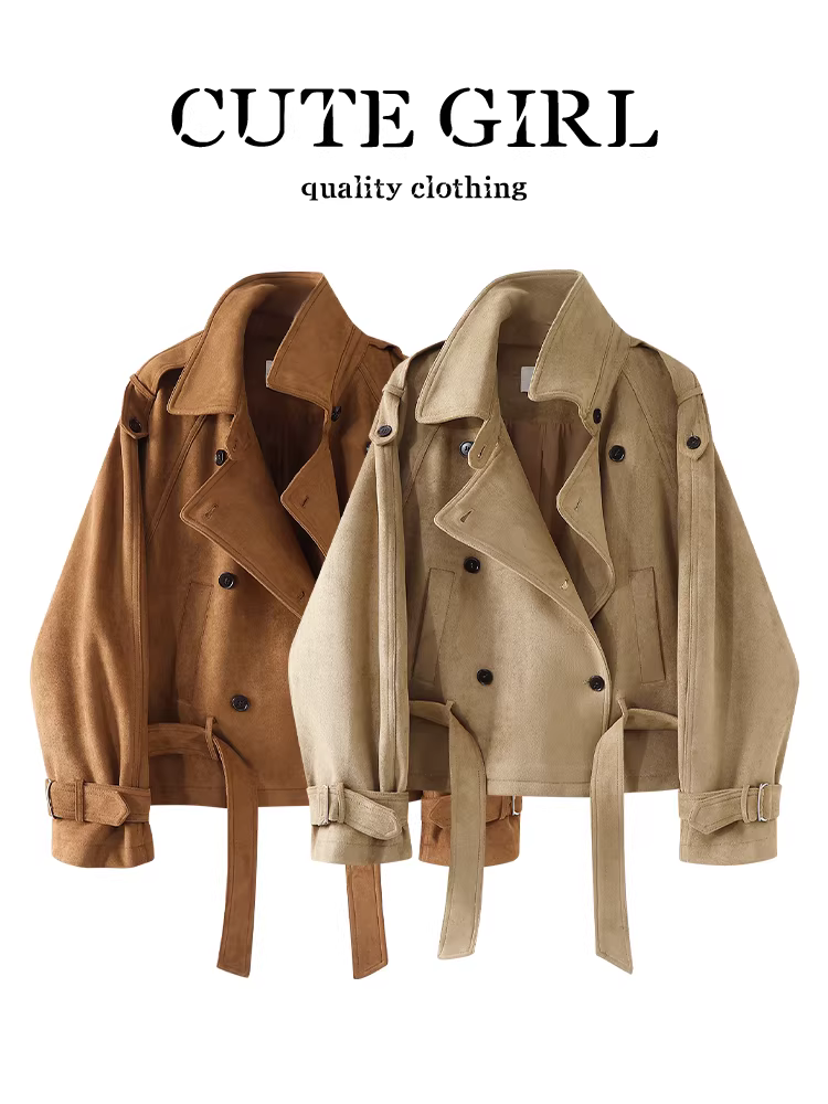 Áo khoác da lộn ngắn có ve áo màu nâu sành điệu của CuteGirl dành cho nữ, khí chất mùa thu, áo khoác biker rộng rãi và đa năng