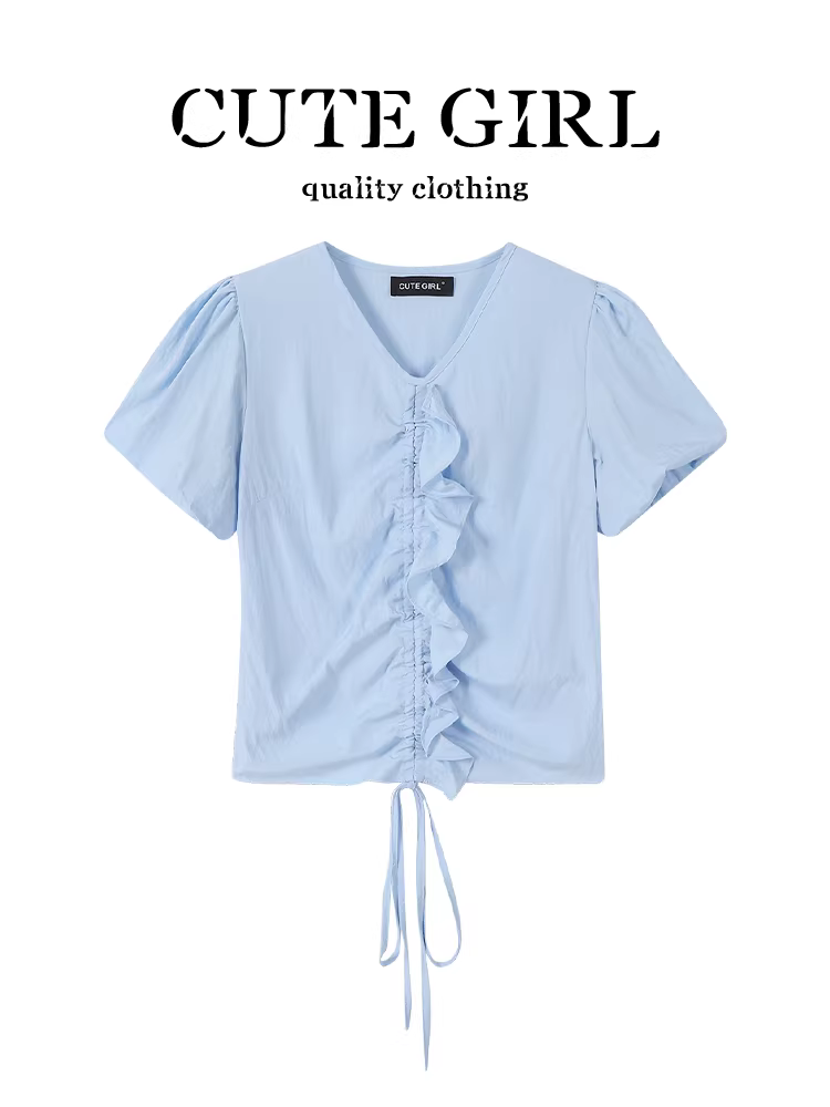 Áo sơ mi tay phồng cổ chữ V ngọt ngào phong cách Hàn Quốc dành cho nữ, áo đi làm đa năng mùa hè giúp giảm béo