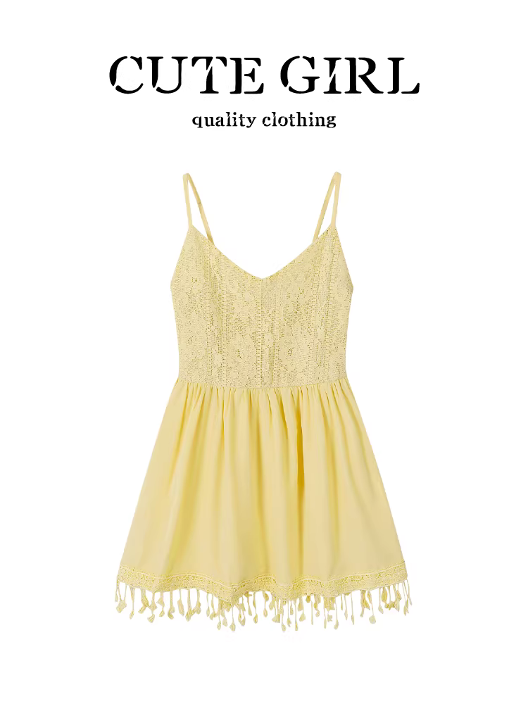Áo yếm màu vàng kiểu dáng resort của CuteGirl kiểu Pháp có tua rua kiểu Pháp dành cho nữ mùa hè sang trọng và đẹp mắt