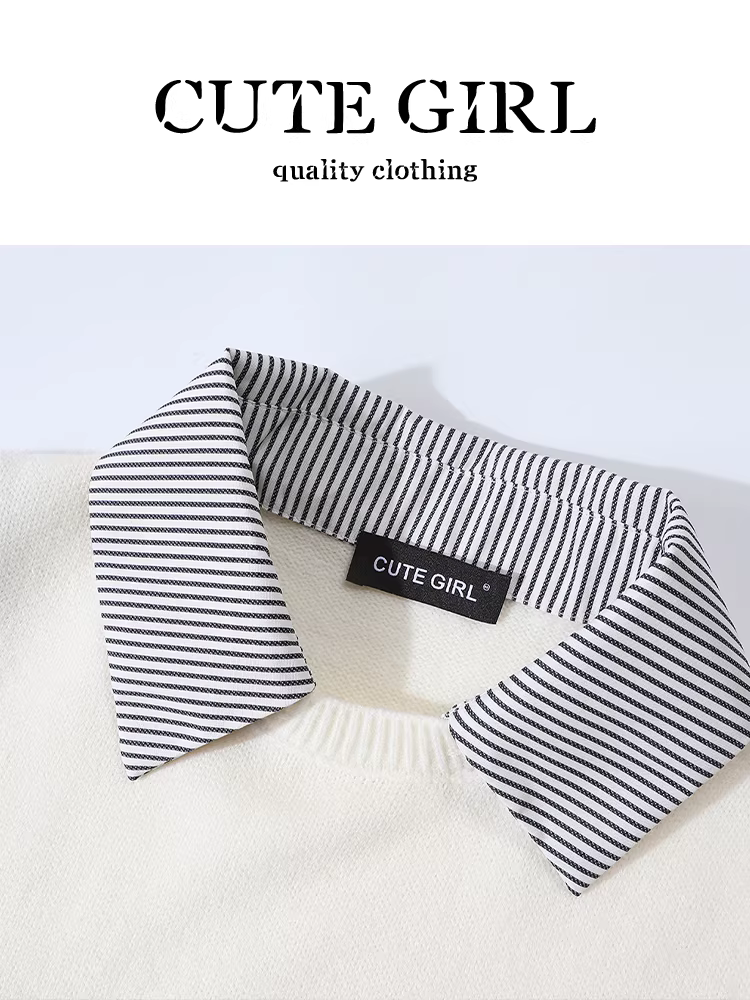 Áo vest dệt kim giả hai mảnh dễ thương với áo sơ mi sọc dành cho nữ, phong cách đại học mùa thu đông, áo phối màu giảm tuổi tác