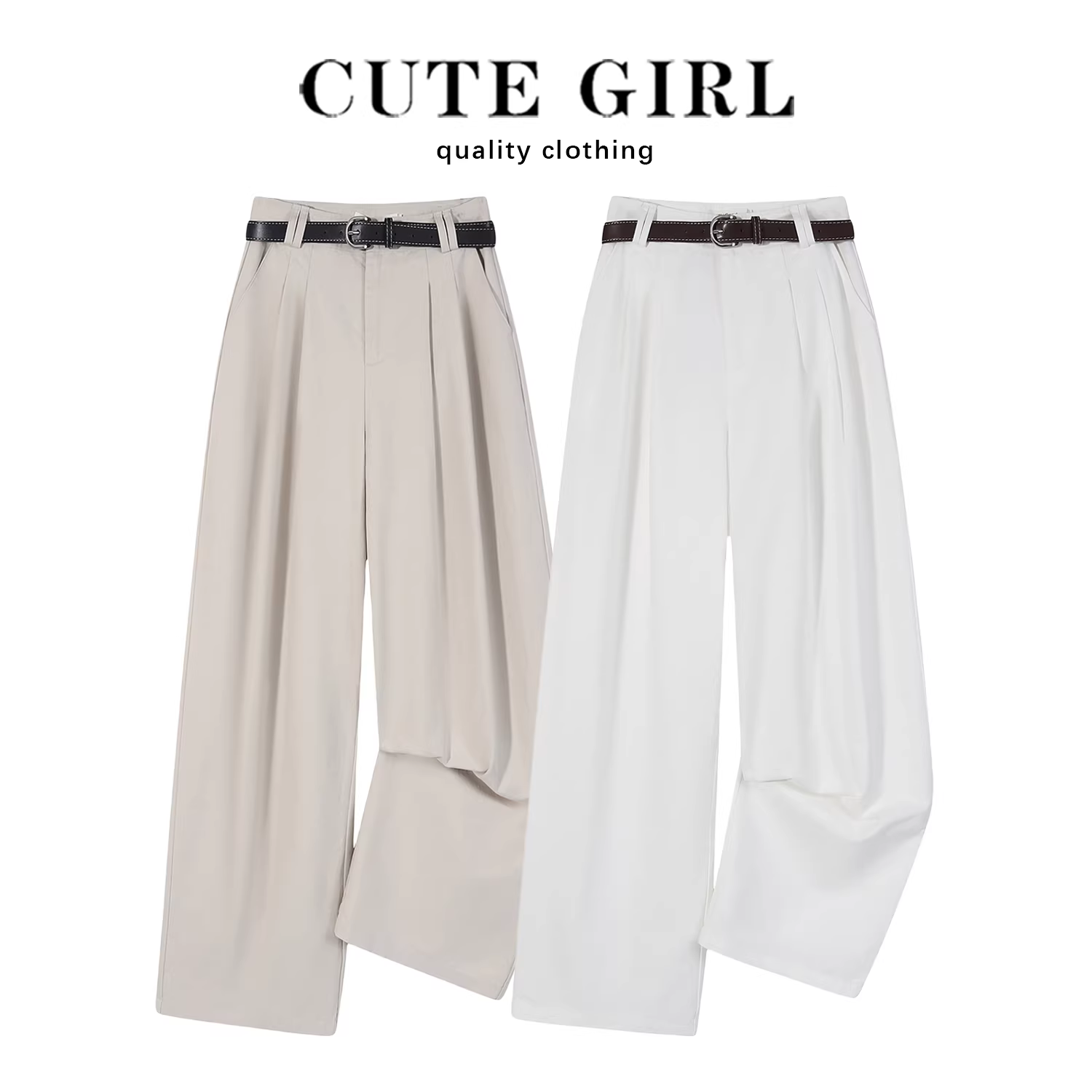 Quần kiểu Nhật cổ điển CuteGirl dành cho nữ, quần ống rộng dáng suông lưng cao mùa xuân, quần dài chạm sàn