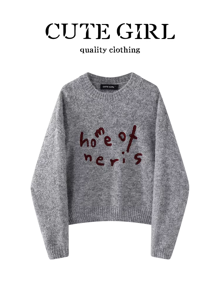 Áo len cổ tròn họa tiết chữ cổ điển Hàn Quốc CuteGirl dành cho nữ, mùa thu đông, trang nhã, dáng rộng, giản dị và đa năng