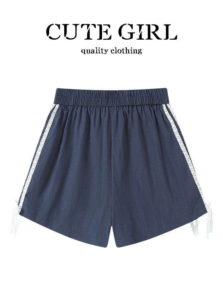 Quần short lưng thun sọc ngang phong cách Mỹ dành cho nữ, thiết kế mùa hè, lưng cao, giảm béo, quần ống rộng đa năng
