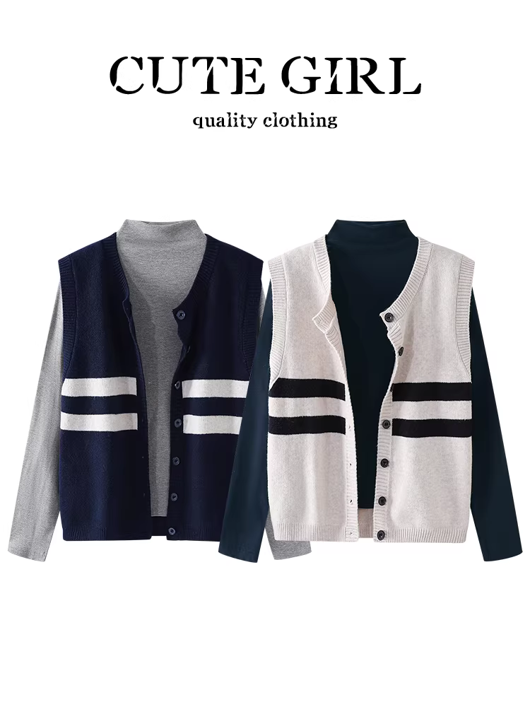 CuteGirl trông rất xinh trong bộ đồ hai mảnh đầu thu này: một chiếc áo vest dệt kim sọc thời trang có cổ cao nửa cổ và áo thun dài tay.