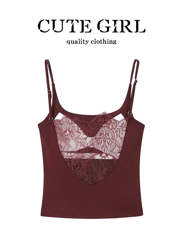 Áo camisole nữ mùa hè kiểu dáng gợi cảm, phối ren sau lưng, màu đỏ, ôm sát body, phong cách trẻ trung.