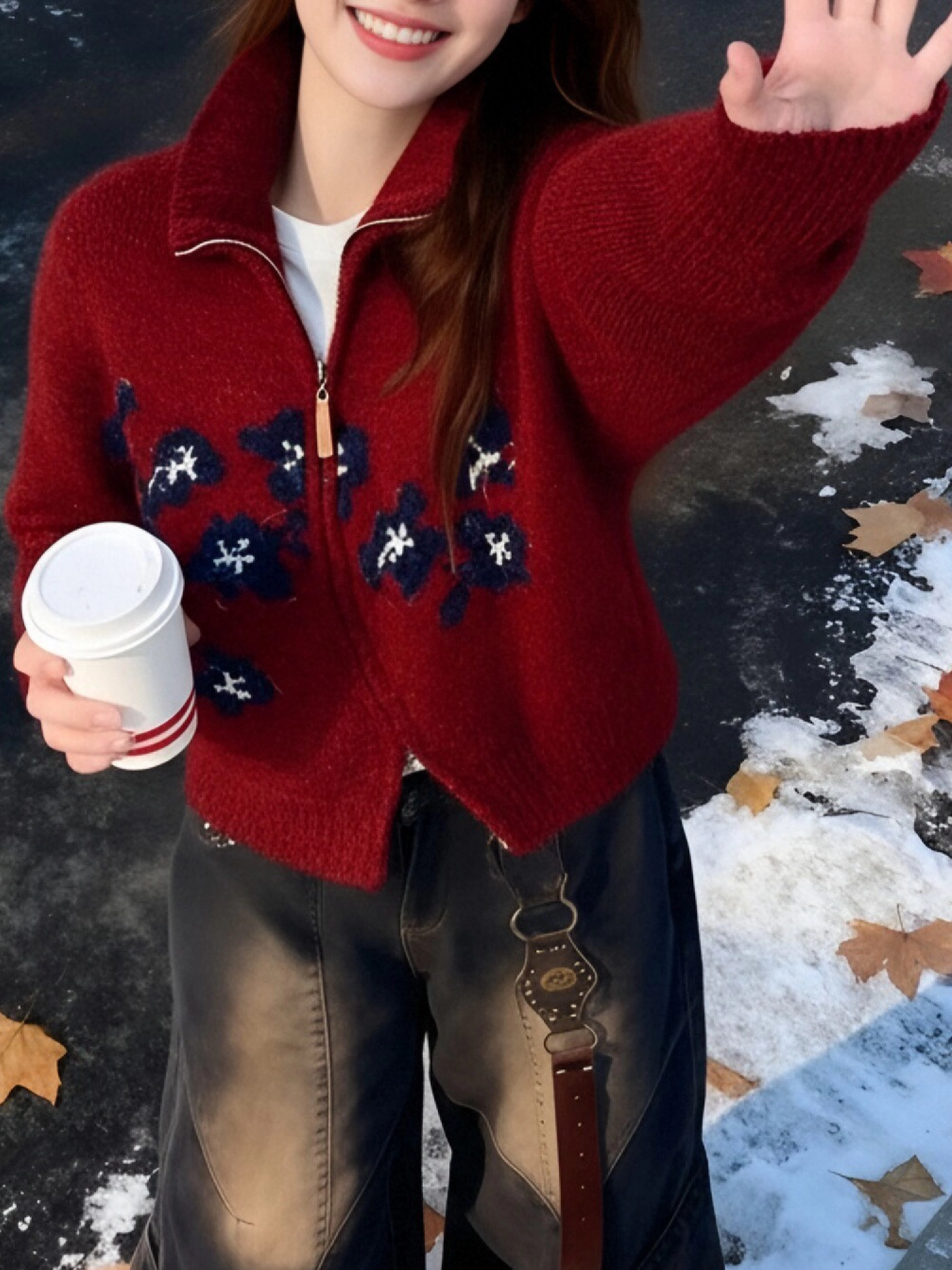 Áo khoác len có cổ có khóa kéo màu đỏ phong cách Hàn Quốc của CuteGirl dành cho nữ, áo len dệt kim dáng rộng mềm mại và đa năng mùa thu đông