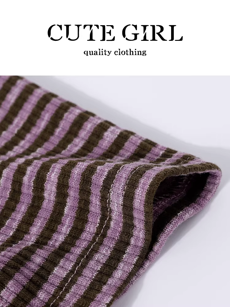 Áo thun ngắn tay trễ vai sọc tím phong cách Hàn Quốc dành cho nữ, thiết kế mùa hè, dáng ôm, áo đa năng