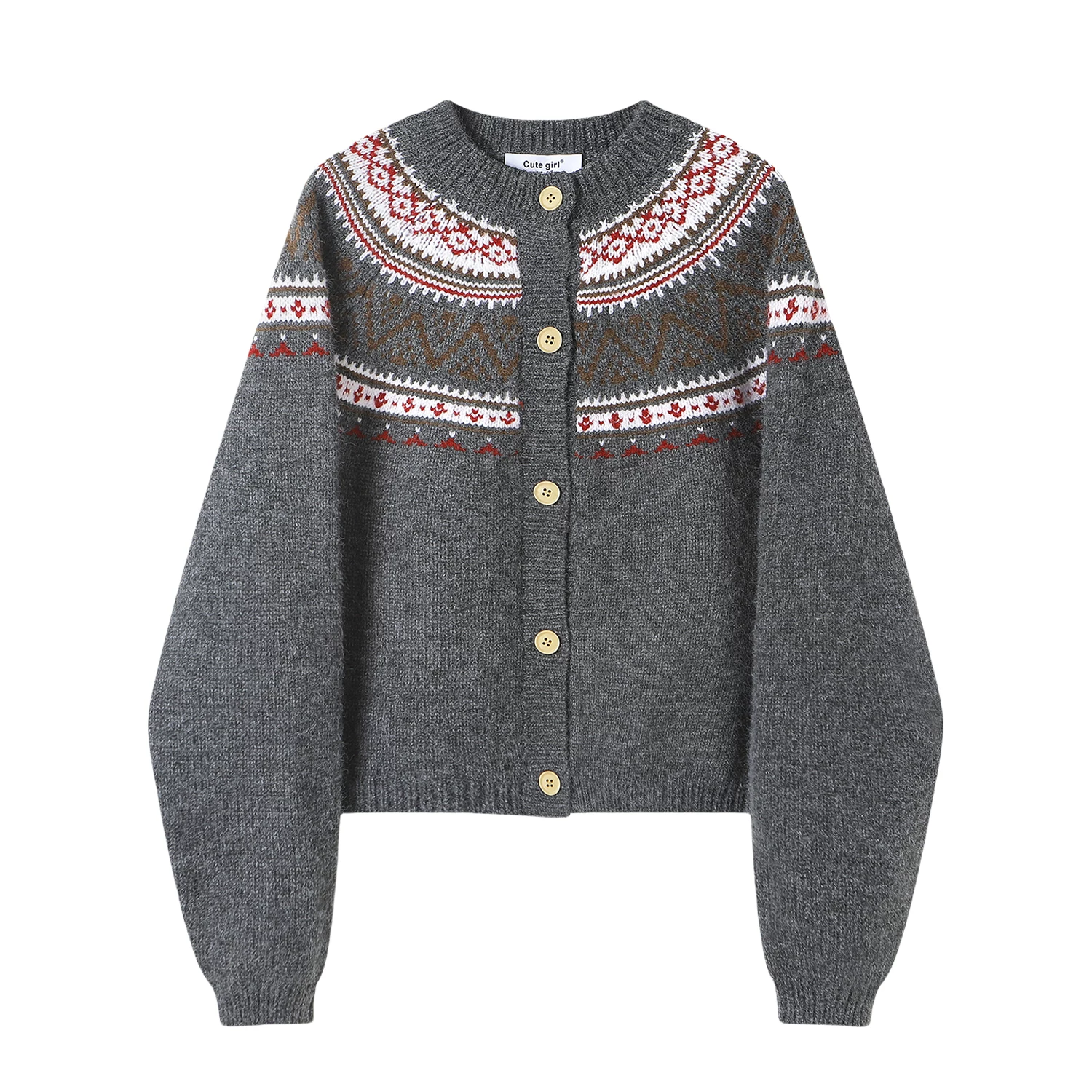 Áo khoác len màu xám mềm mại phong cách cổ điển CuteGirl Fair Isle dành cho nữ mùa thu đông Áo cardigan dệt kim lười biếng phong cách Hàn Quốc
