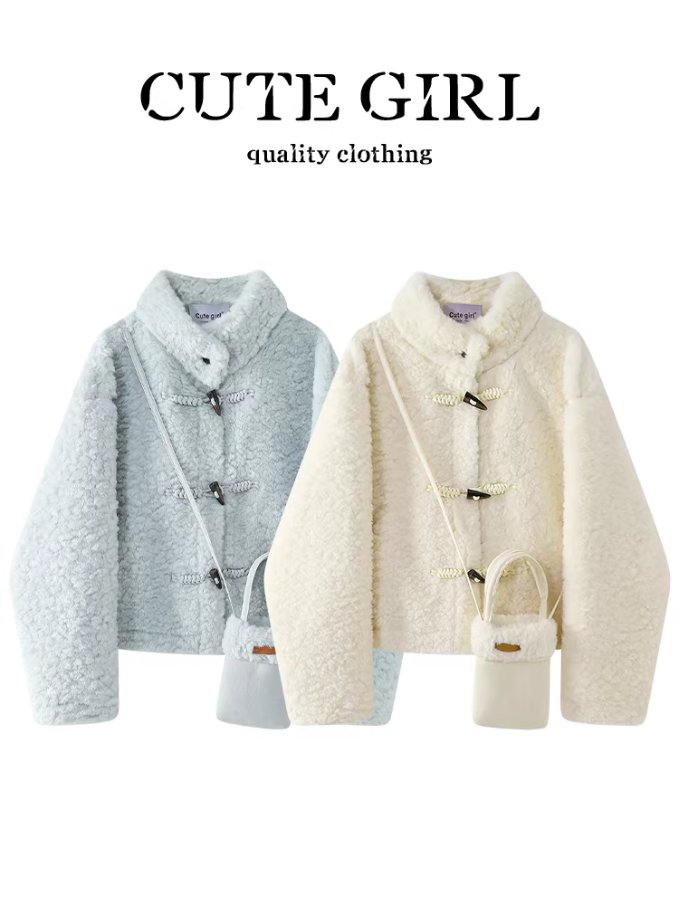 Áo khoác lông cổ đứng cao cấp có nút bấm CuteGirl dành cho nữ, mùa thu đông, sành điệu, giản dị, đa năng, áo khoác cotton mềm mại