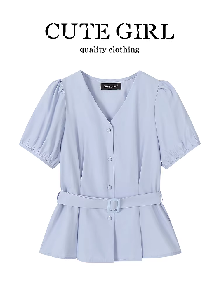 Áo sơ mi ngắn tay cổ chữ V màu xanh kiểu Pháp CuteGirl dành cho nữ, thời trang mùa hè, áo độc đáo và đẹp mắt