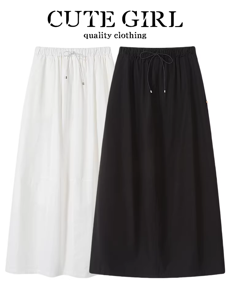 CuteGirl thể thao phong cách giản dị eo co giãn váy chữ A màu đen mùa hè dành cho nữ đa năng giảm béo trang phục công sở váy dài